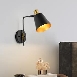 Nimbus 1-Light Industrial Style Wall Sconce with Swivel Arm and Cone Shade in Matte Black and Brass Finish