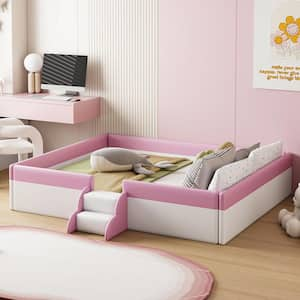 Pink and White Wood Frame Queen Size Upholstered Platform Bed Daybed with Fence and Stairs