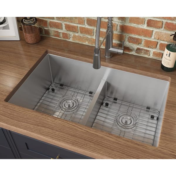 Urbana 32 in. Undermount 50/50 Double Bowl 16-Gauge Stainless Steel Kitchen Sink with Rounded Corners and low divide