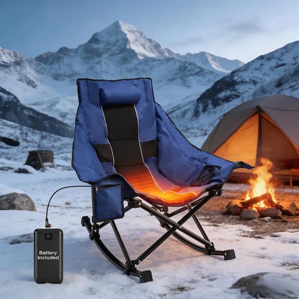 Blue and Black Oversized Heated Rocking Camping Chair, Portable Folding Heated Chairs Outdoor Sports with Power Bank