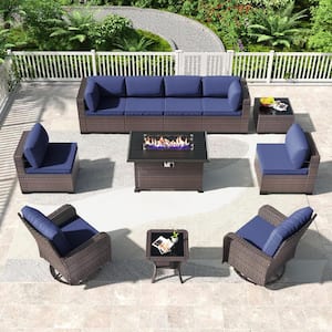 11-Piece Wicker Patio Conversation Set with Fire Pit Table, Glass Coffee Table, Swivel Rocking Chairs and Cushion Navy