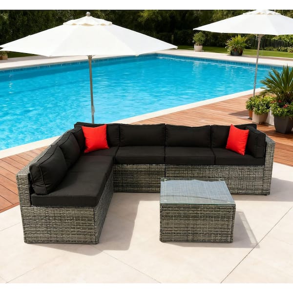 Unbranded Wicker Outdoor Sectional Set with Glass Top Table and Gray Cushions, 5-Piece Sofa Set