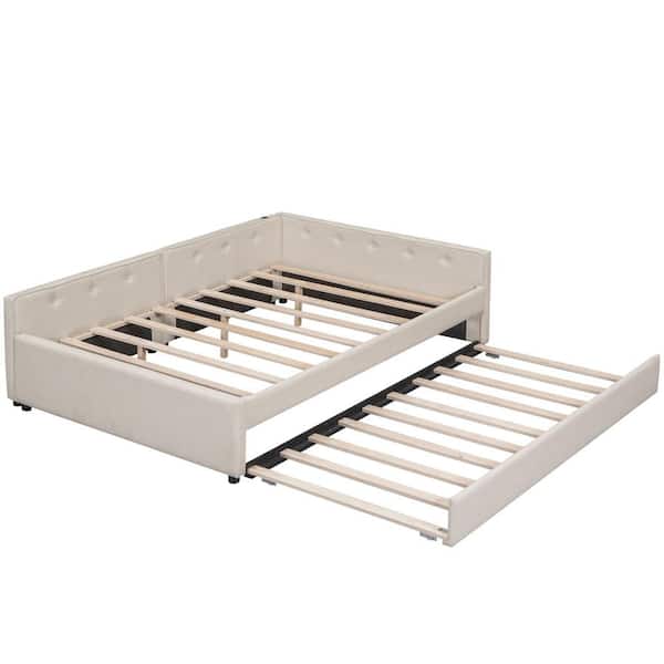 Beige Wood Frame Twin Platform Bed with USB and Twin Size Trundle
