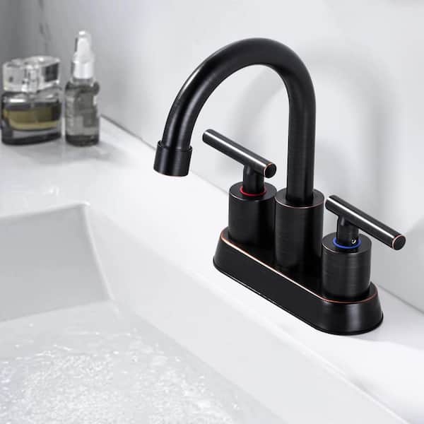 4 in. Centerset Double Handle High Arc Bathroom Faucet with with Pop Up Drain and Water Supply Hoses in Bronze