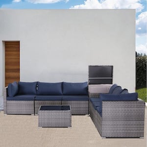 Gray 8-Piece Wicker Outdoor Patio Conversation Set Sectional Sofa Set with Navy Blue Cushions for Deck Lawn