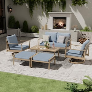 6-Piece Aluminum Patio Conversation Set with 2 Swivel Chairs, Loveseat, Coffee Table and Blue Cushions