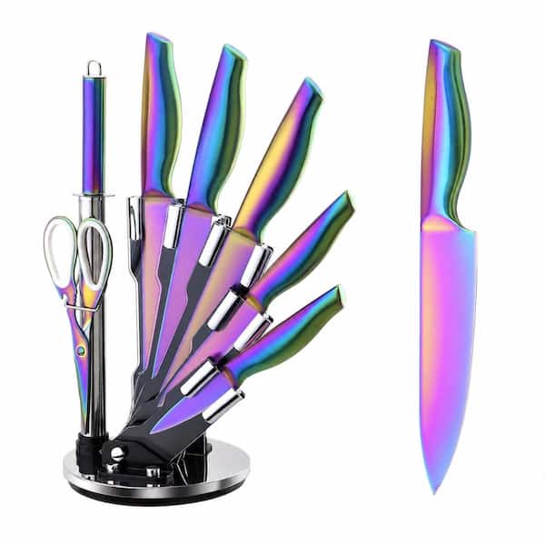 8-Piece Rainbow Titanium-Coated Stainless Steel Knife Set with 360-Degree Rotation Acrylic Block