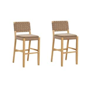 Cohen 29 in. Natural Brown Wood Mid-Century Faux Leather Counter Height Bar Stool, with Woven Back for Kitchen, Set of 2