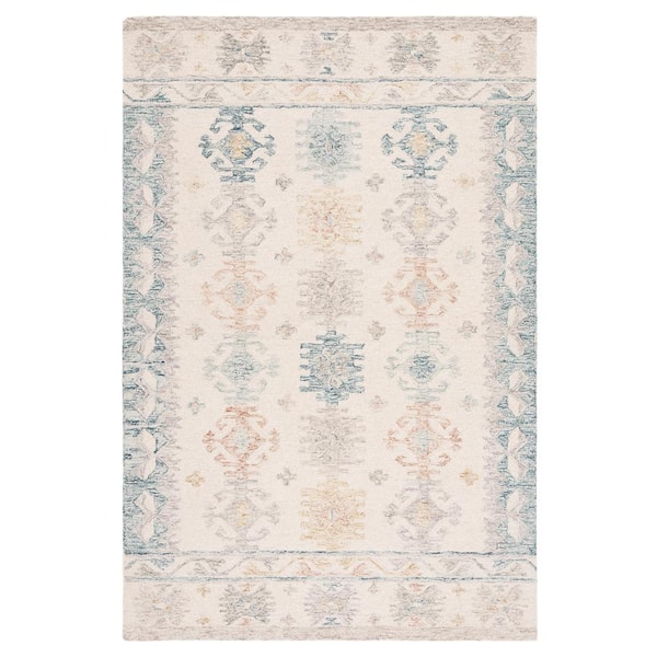 SAFAVIEH Micro-Loop Ivory/Blue Doormat 3 ft. x 5 ft. Medallion Area Rug