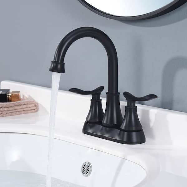 Staykiwi 4 in. Centerset Double Handle Mid Arc Bathroom Faucet with Drain Kit Included in Matte Black