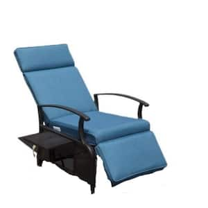 Metal Outdoor Lounge Chair Adjustable Patio Recliner Chair with Blue Cushions and Flip Table Push Back (Support 350lbs)