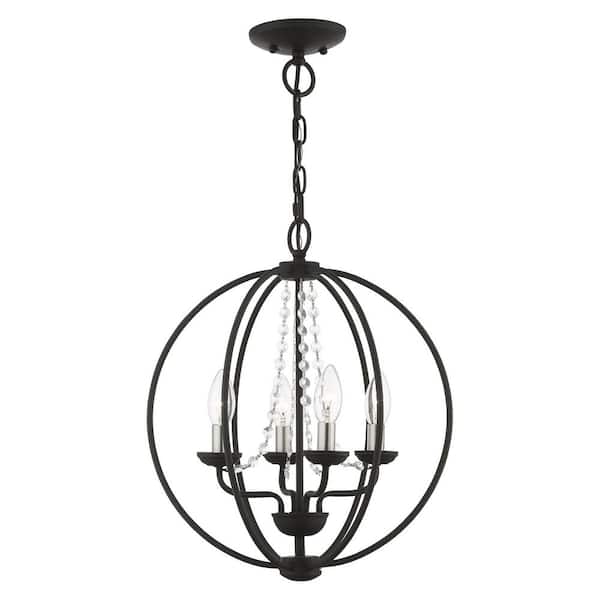 AVIANCE LIGHTING Delridge 15 in. 4-Light Black Globe Convertible Chandelier/Semi Flush with Brushed Nickel Candles and Clear Crystals