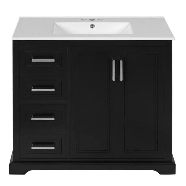 36 in. Freestanding Black Bath Vanity with White Ceramic Top and 3 Drawers Bathroom Door Storage Cabinet Unassembled