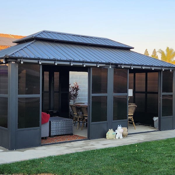 Hardtop Gazebo 12 ft. x 20 ft. Gray Aluminum Sunroom Gazebo with Double Top, Mesh Screens & 24 Lights