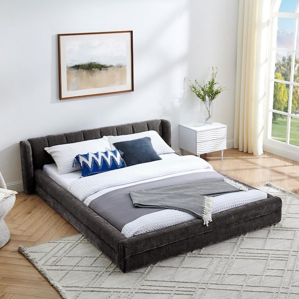 Modern Dark Gray Wood Frame Queen Chenille Upholstered Platform Bed with Headboard