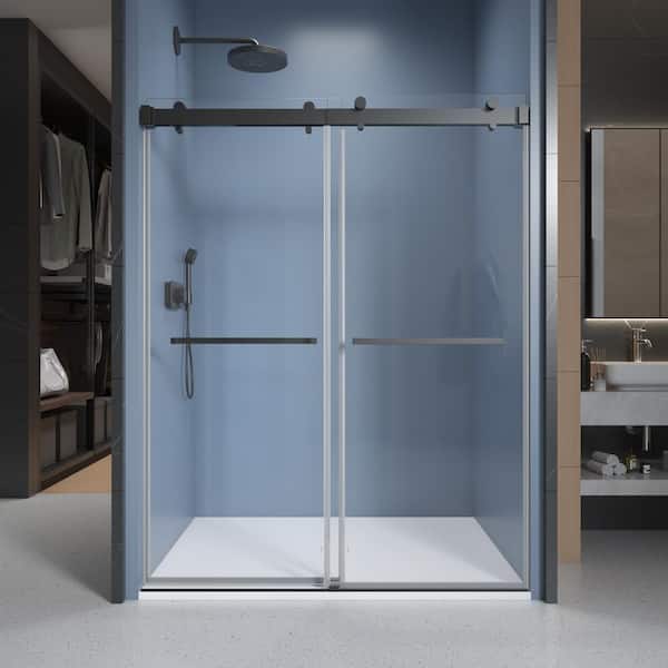 Lonni 68 in -72 in W x 76 in H Dual Sliding Frameless Soft-Close Shower Door in Black with (10 mm) Clear Glass