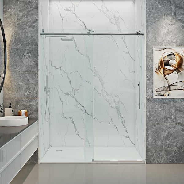MCOCOD 60 in. W x 76 in. H Single Sliding Frameless Soft Close Shower Door in Brushed Nickel with 3/8 in. (10 mm) Clear Glass