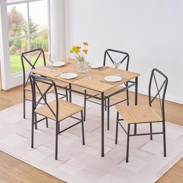 VECELO 5-Piece Dining Table Set for 4-Modern Brown Wood Plus Black Metal Kitchen Breakfast Furniture 1Table, 4Chairs Dining Set
