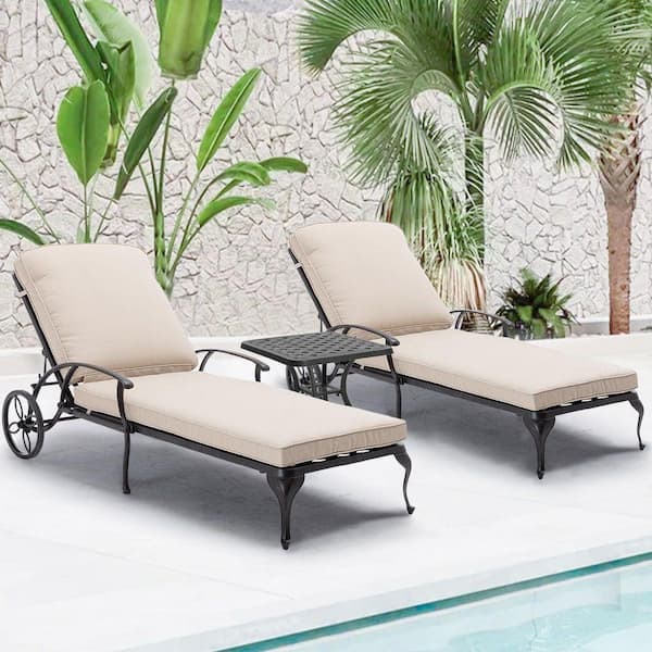 Antique Bronze 3-Piece Aluminum Adjustable Reclining Outdoor Chaise Lounge with Beige Cushions and Table