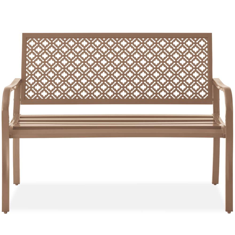 Taupe Steel Geometric Backrest Garden Bench with Arms