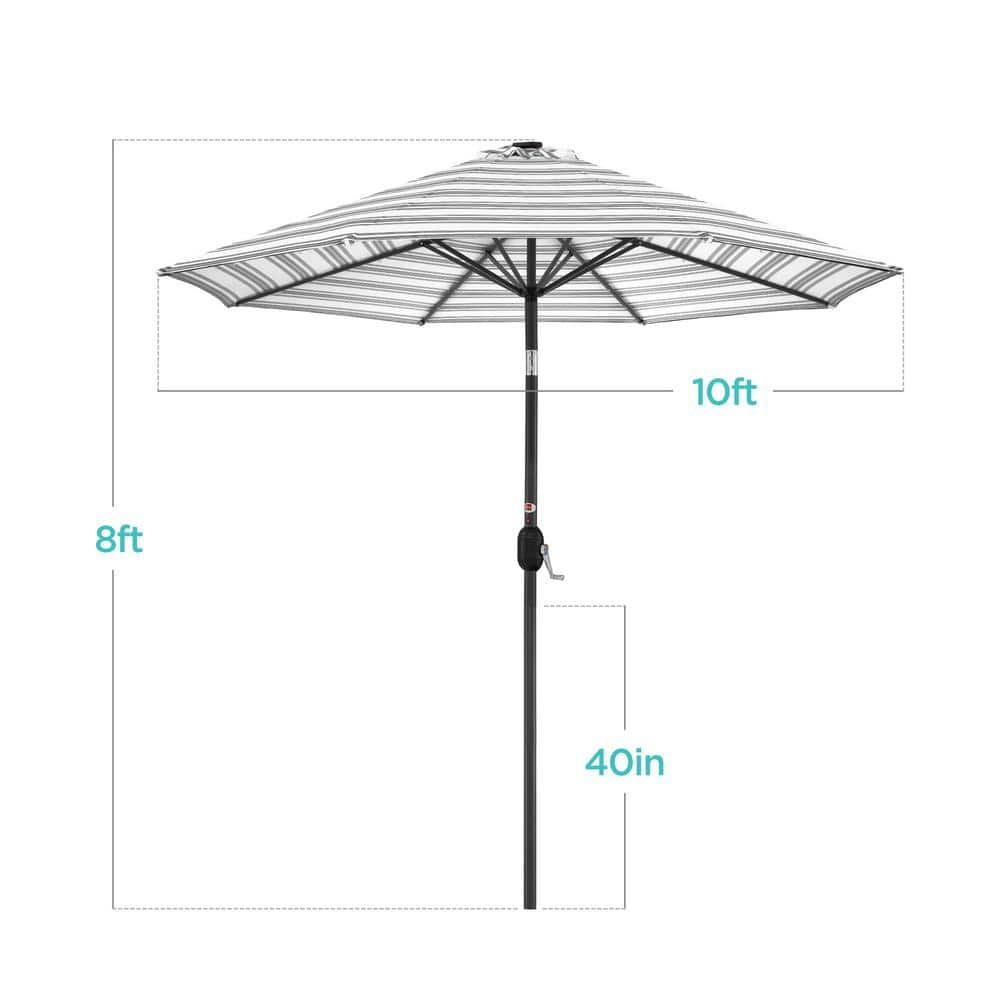 10ft Striped Gray Market Umbrella with Solar LED Lights and Metal Pole