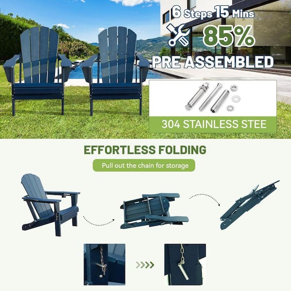 Dark Blue Outdoor Folding Plastic Adirondack Chair with Cup Holder