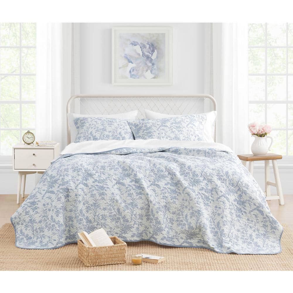 Laura Ashley Amberley 3-Piece Soft Blue Floral Cotton Full/Queen