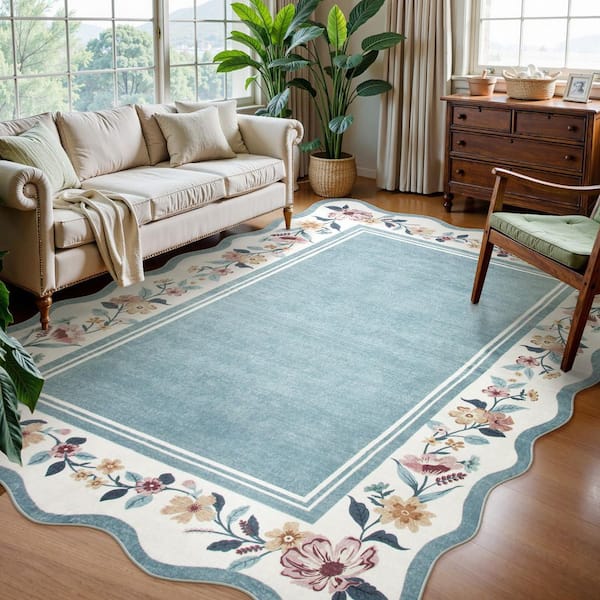 8 ft. x 10 ft. Machine Washable Blue Scalloped Vintage Floral Low Pile Non Slip Soft Living Room Bedroom Indoor Area Rug