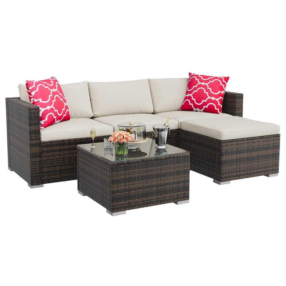 Patio Wicker Sectional Sofa Set 5-Piece Modular Rattan Conversation Seating with Glass Coffee Table, Beige price history on PriceWatchPro