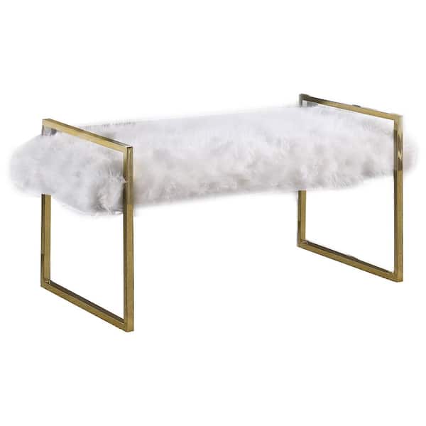 Best Master Furniture Nancy White Faux Fur Glam Accent Bench 42.5 in. D x 21 in. H