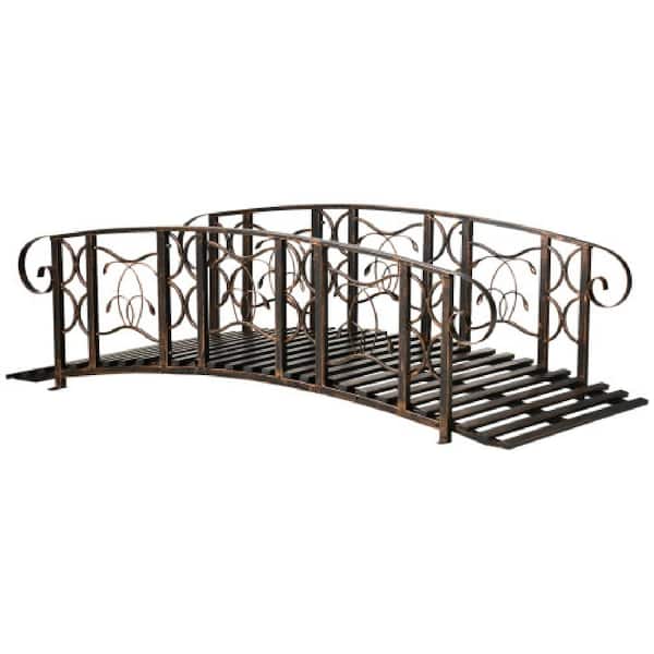 Oyezvary 72.80 in. Metal Landscape Garden Bridge, Stylous Vine Motifs with 660 lbs. Weight Capacity, Safety Siderails in Brown