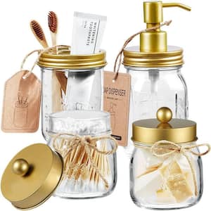 Bathroom Accessories Set(4 Pcs) -Lotion Soap Dispenser and 2 Cotton Swab Holder and Toothbrush Holder (Gold)