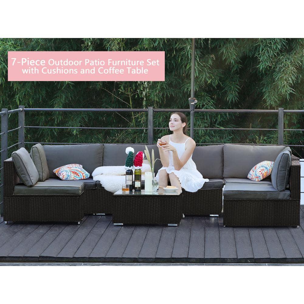 HZY 7-Pieces Black Wicker Outdoor Sectional Set with Gray Cushions and Coff
