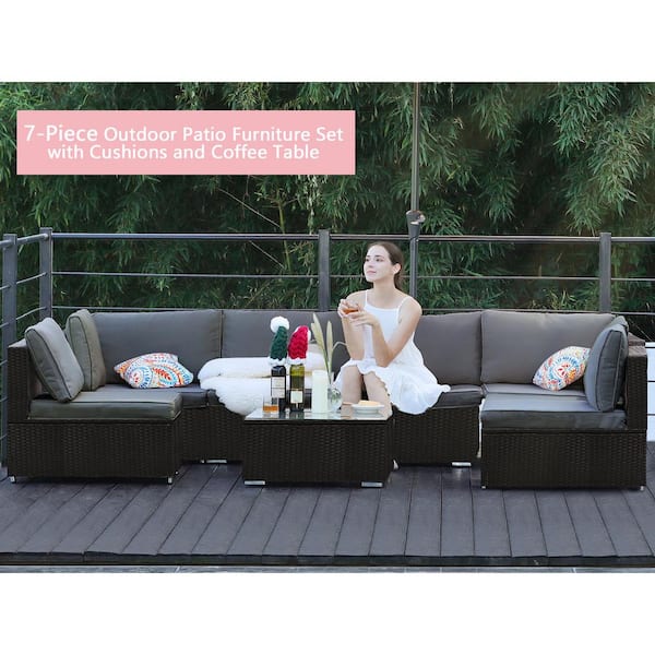 Unbranded HZY 7-Pieces Black Wicker Outdoor Sectional Set with Gray Cushions and Coffee Table