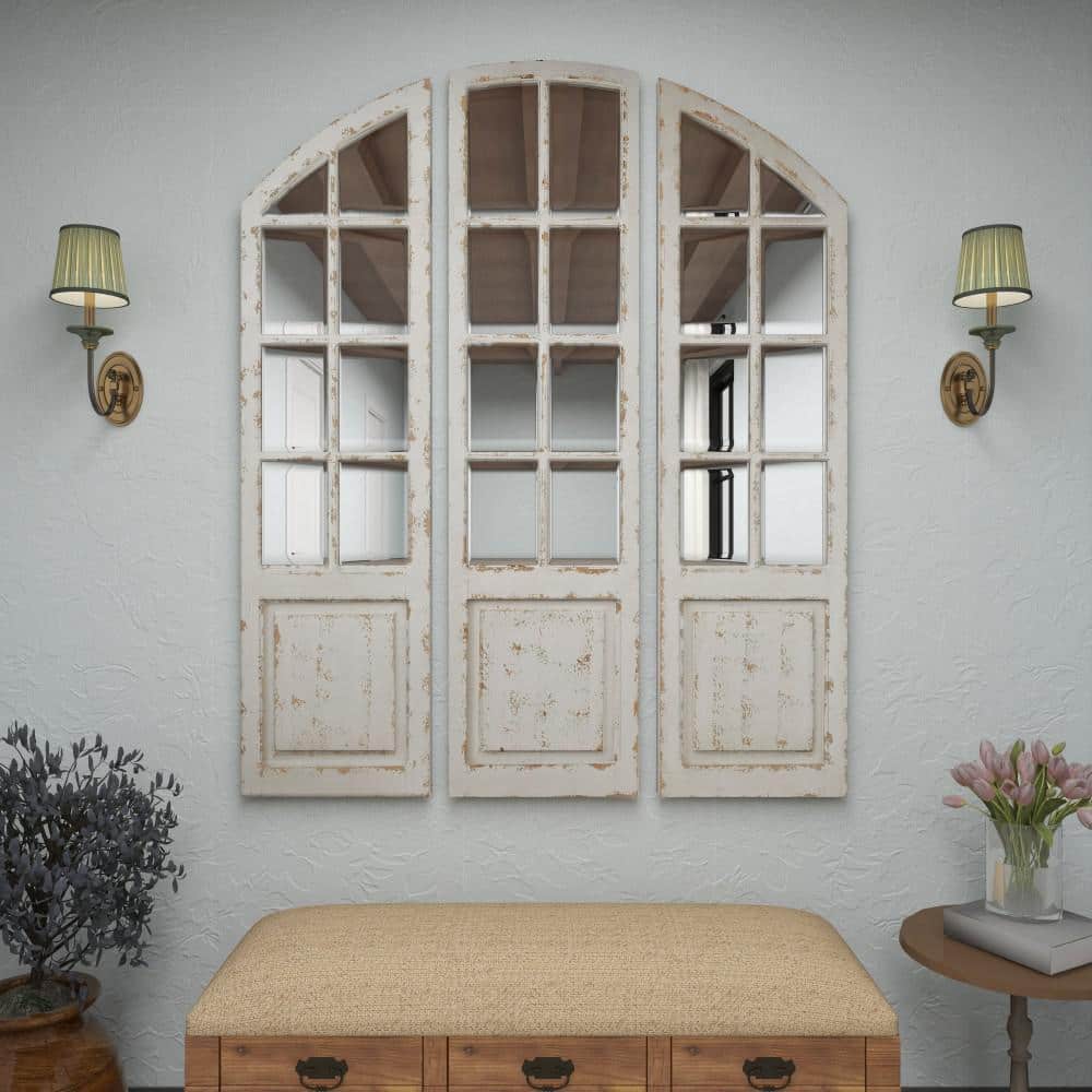 White Distressed Wood Windowpane Arched Decorative Mirror Set