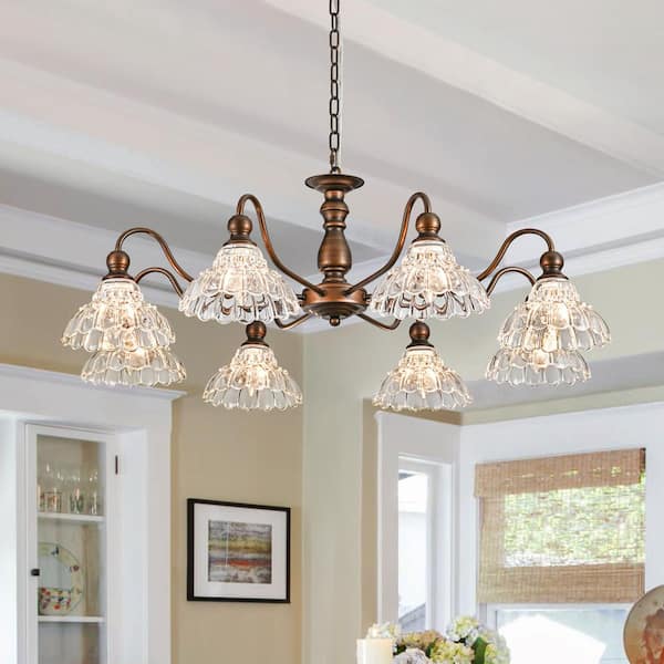 Dvorakova 34.65 in. 8-Light Bronze French Country Farmhouse Vintage Chandelier with Glass Shades