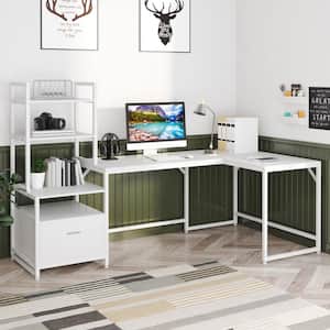 Lantz 85 in. White Wood L-Shaped Computer Desk with File Drawer, Corner Desk with 3-Tier Storage Bookshelves