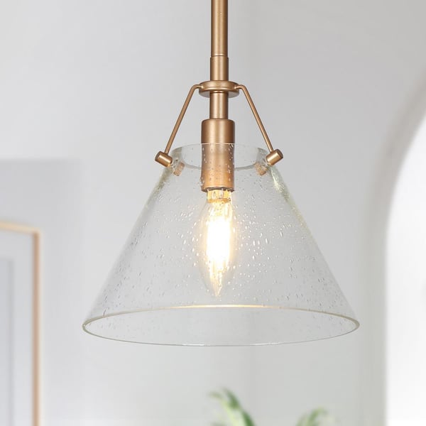 Uolfin Modern Mini Pendant Light, 1-Light Gold Kitchen Island Pendant Light with Seeded Glass Shade
