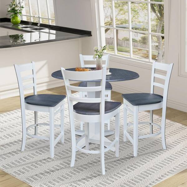 5-Piece Lyla White/Heather Gray 42 in Solid Wood Drop-Leaf Counter Height Pedestal Table and 4 Emily Stools, Seats 4