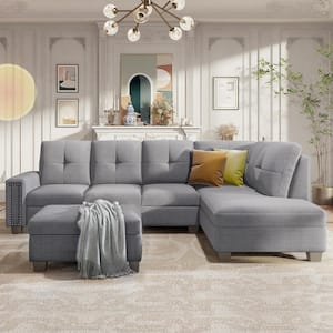 107.5 in. W Reversible Square Arm Linen L Shape Sectional Sofa in Light Gray with Storage Ottoman