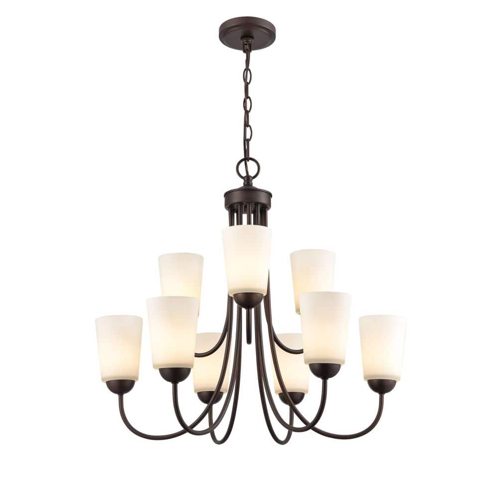 Ivey Lake Rubbed Bronze 9-Light Chandelier with Etched White Glass Shades