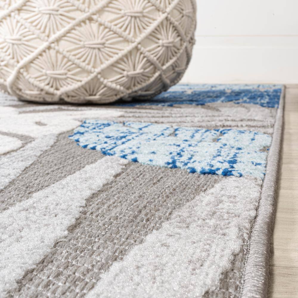 Light Gray and Navy Tropical Leaf Runner Rug, 2'-3" x 8', Synthetic