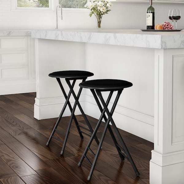 Set of 2 Counter Height Bar Stools with Padded Seat, 24 in. Backless Folding Chairs for Kitchen or Rec Room, Black
