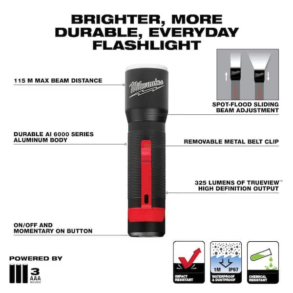 Milwaukee 325 Lumens LED Aluminum Flashlight w/100 Lumens Aluminum