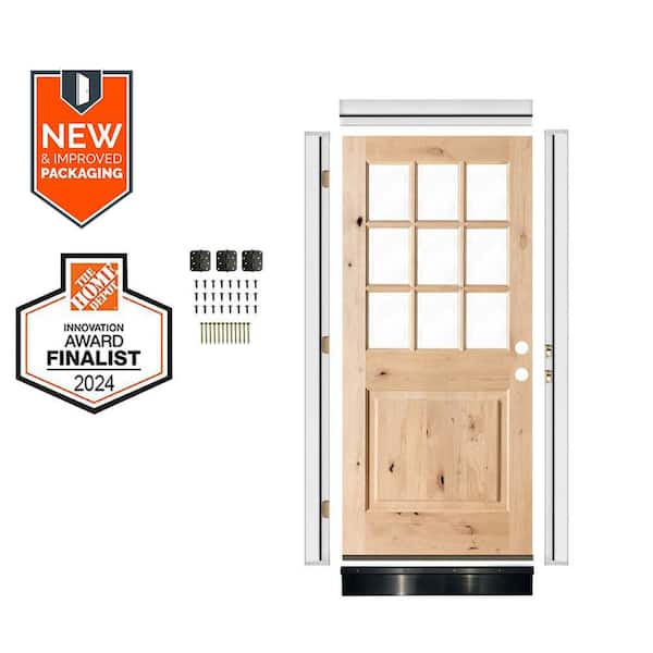 36in.x80in. LH 9-Lite Clear Glass Unfinished KnottyAlder Wood AssemblyRequired Front Door Kit w/QuickAssembleJamb