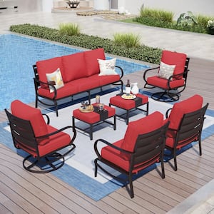 Black Slatted 9-Seat 7-Piece Metal Outdoor Patio Conversation Set with Red Cushions 2 Swivel Chairs 2 Ottomans