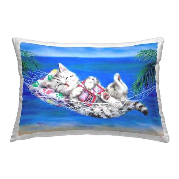 Stupell Industries Kitten in Tropical Hammock Blue Print Polyester 14 in. x 20 in. Throw Pillow