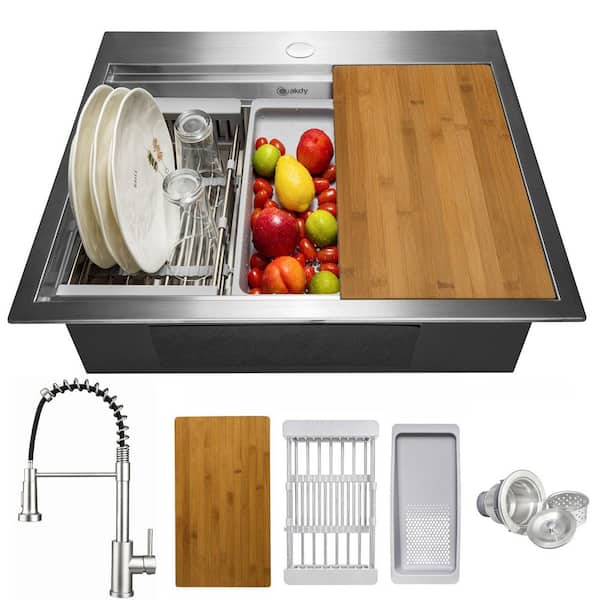 All-in-One 25 in. x 22 in. Drop-in Stainless Steel Single Bowl Workstation Kitchen Sink with Spring Neck Faucet