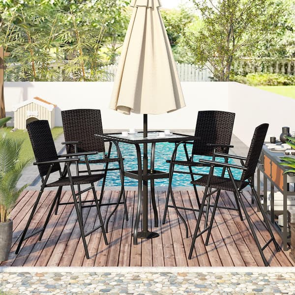 HOTEBIKE 5-Piece PE Wicker Outdoor Patio Counter Height Dining Table Set with Umbrella Hole and 4 Foldable Chairs, Brown