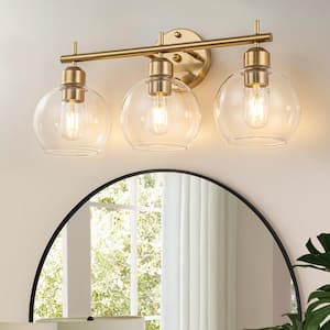 20.08 in. 3-Light Modern/Contemporary Gold Bathroom Vanity Light with Globe Clear Glass Shade